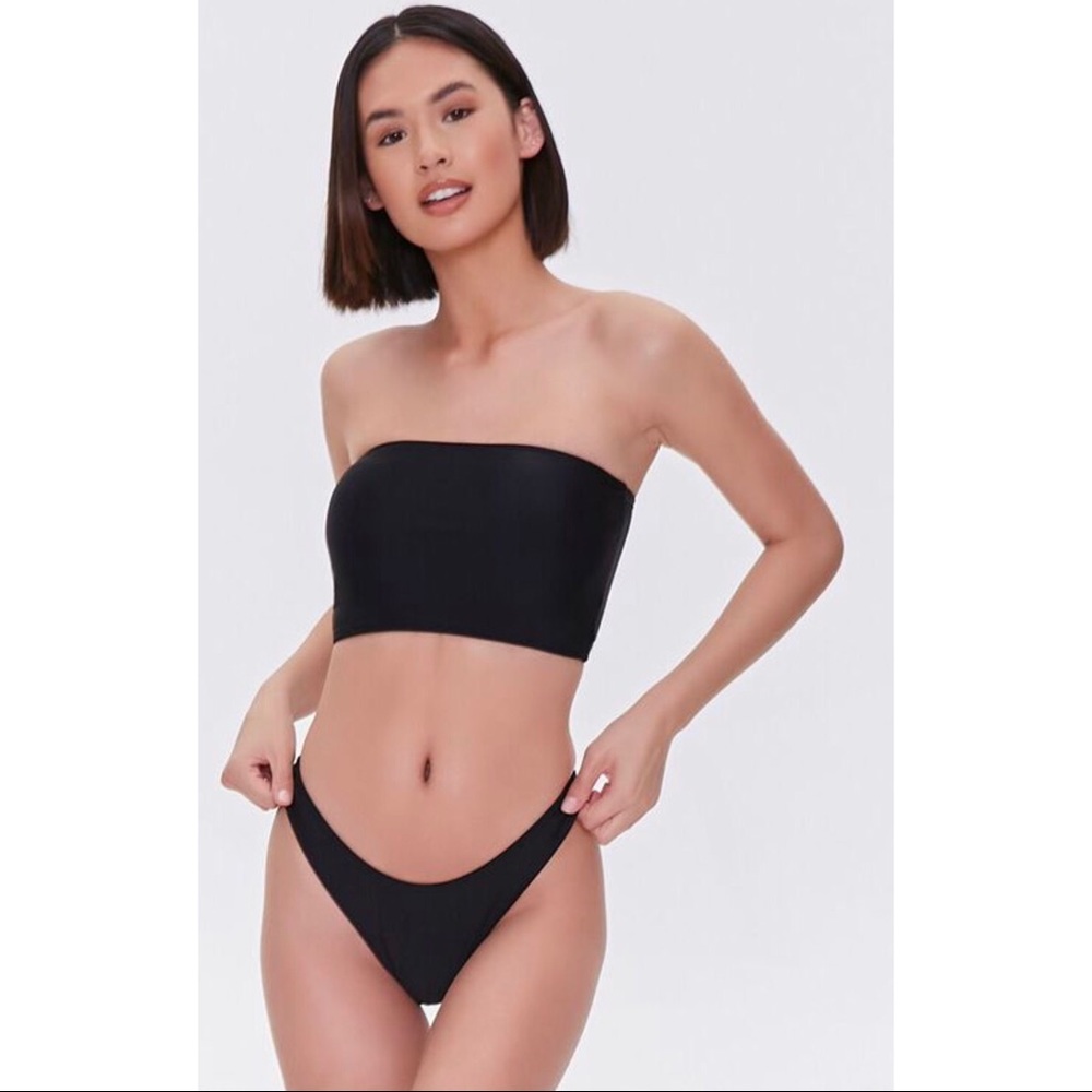 Ribbed Bandeau Bikini Top + High-leg Bottoms